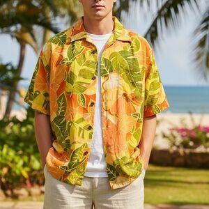 Tommy Bahama 100% Silk Tropical Orange and Green Hawaiian Shirt Size M